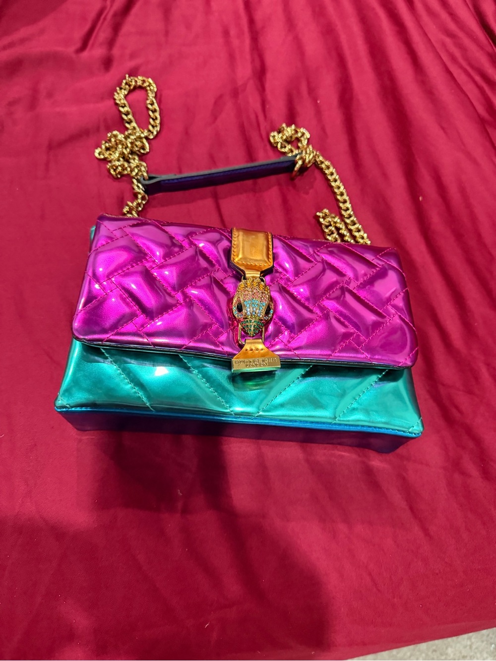 Kurt Geiger Metallic Fuchsia and Teal Quilted Chain Crossbody